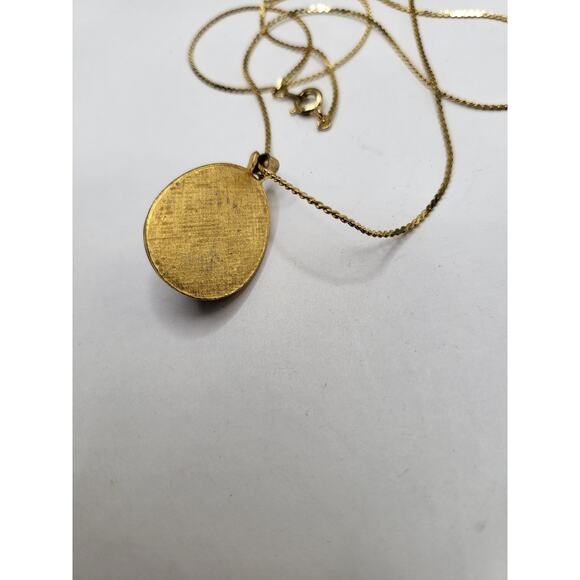 Vintage Silk Thread Pendant Necklace Blue Gold Tone Oval 24in Chain Filigree - Picture 9 of 10